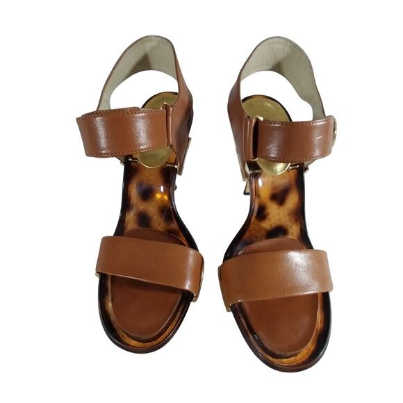MICHAEL KORS! PECAN BROWN GENUINE LEATHER W/GOLD, TORTIE SOLE SANDALS! SZ 6.5M - Picture 2 of 8